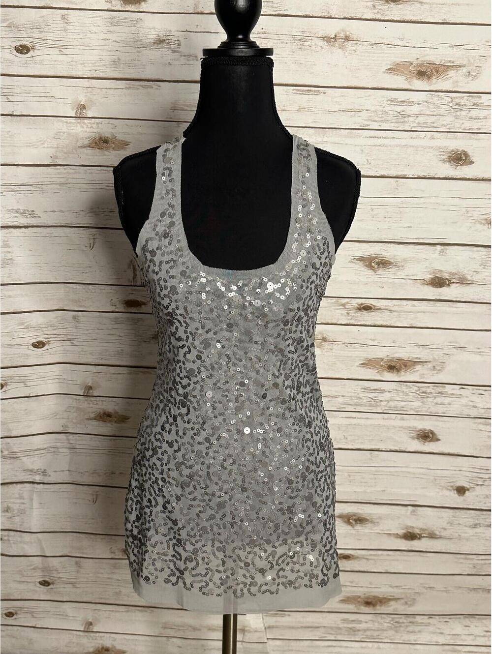 Max Studio silver sequined racerback tunic tank/mini dress Size XS glam festive